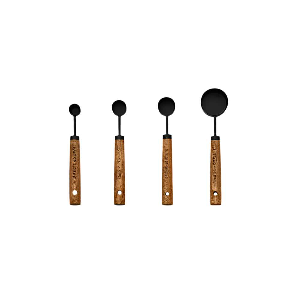 Wooden Handle Measuring Cups and Spoons Set - Stainless Steel Kitchen Baking Tools in 1Pc, 4Pcs or 8Pcs Silver, Black or Gold