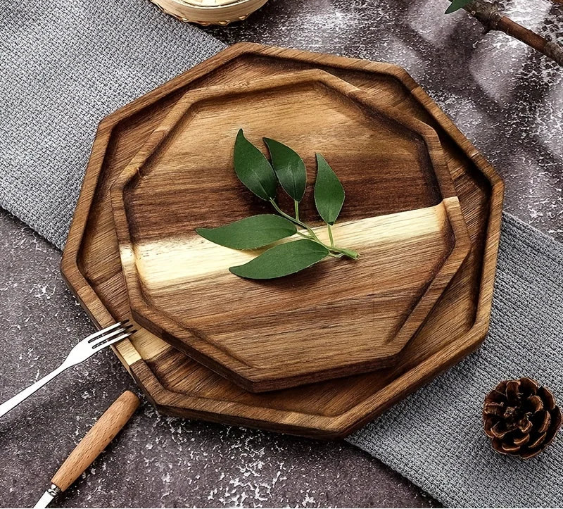 Octagonal Acacia Wood Plate – Eco-Friendly Dessert and Serving Tray for Snacks, Tea or Dinner