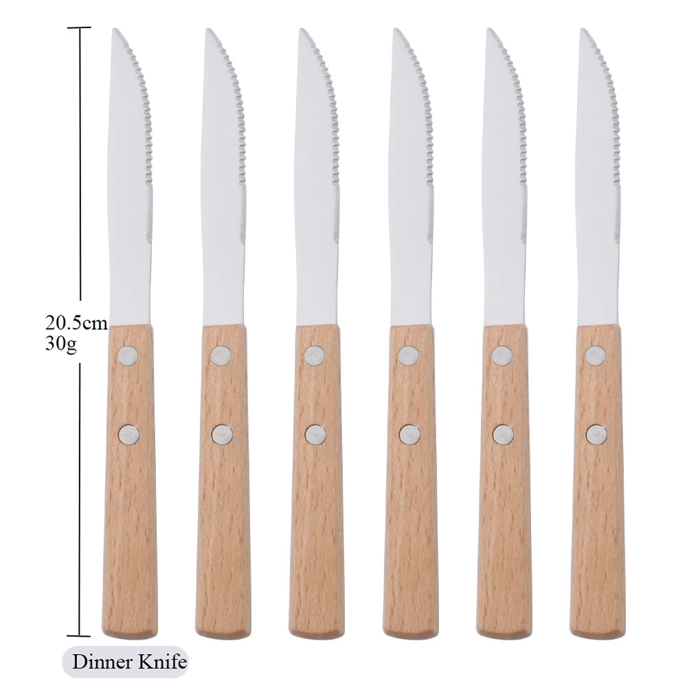 Wooden Handle Cutlery Set – 24 Piece Stainless Steel Knives, Forks & Spoons for Dining & Kitchen
