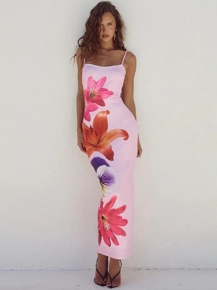 Camaria Floral Print Spaghetti Strap Maxi Dress – Summer Bodycon Holiday Gown in White, Pink, Black or Blue