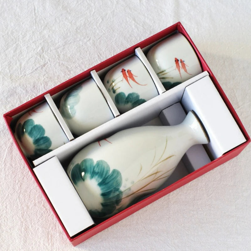 Mizuhana Japanese Sake Set – 5-Piece Ceramic Bottle & Cup Gift Set for Home Bar, Soju or Wine Serving