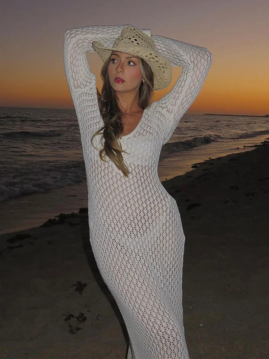 Serenah Crochet Knit Beach Dress – Long Sleeve V-Neck Holiday Cover Up Maxi Dress for Women