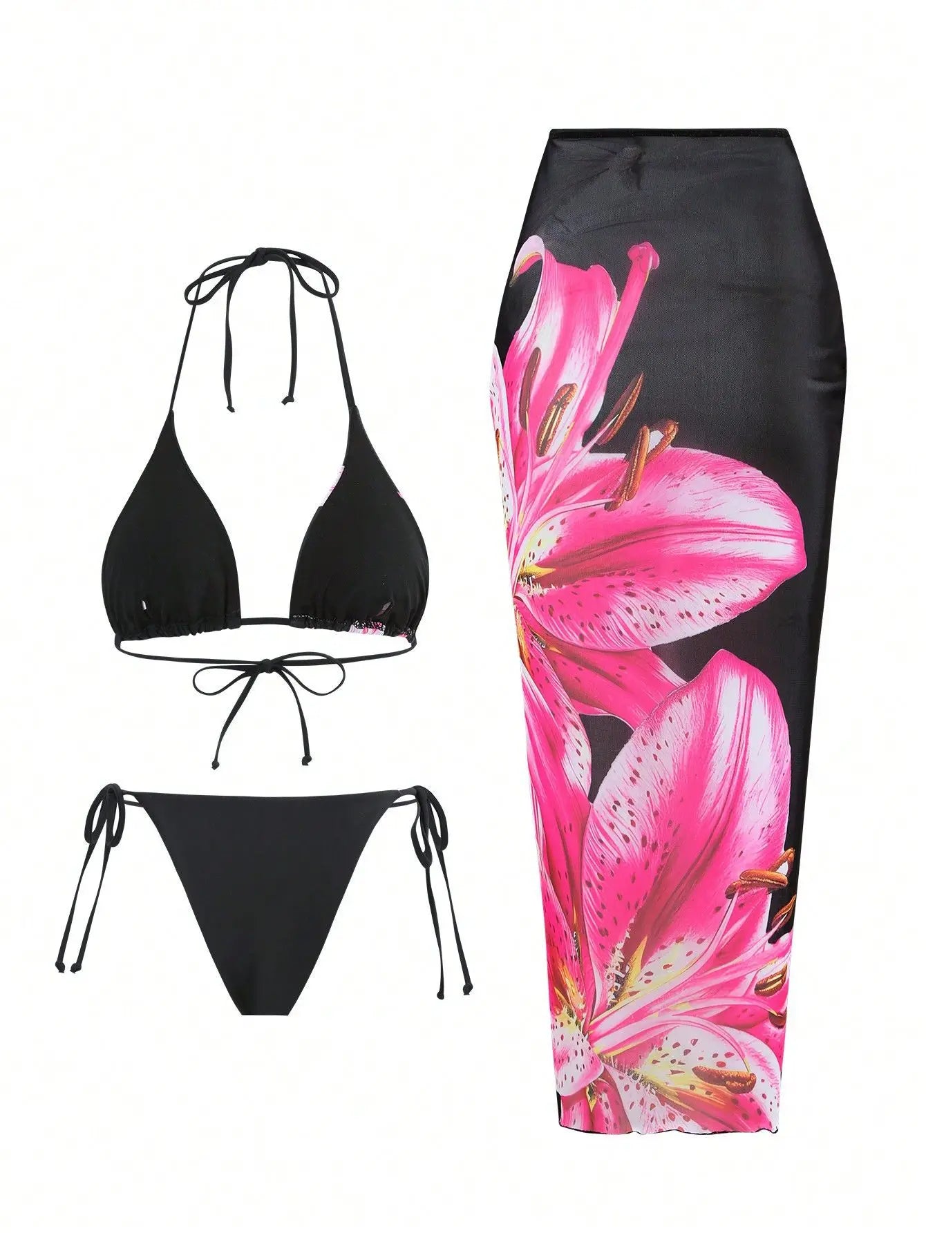 Floral Bikini and Mesh Skirt Set – Summer Holiday 3 Piece Swimsuit in Tropical Prints and Animal Patterns