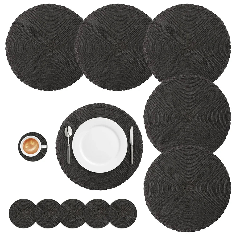 Woven Round Placemats and Coasters Set – 6-Piece Dining Table Mats