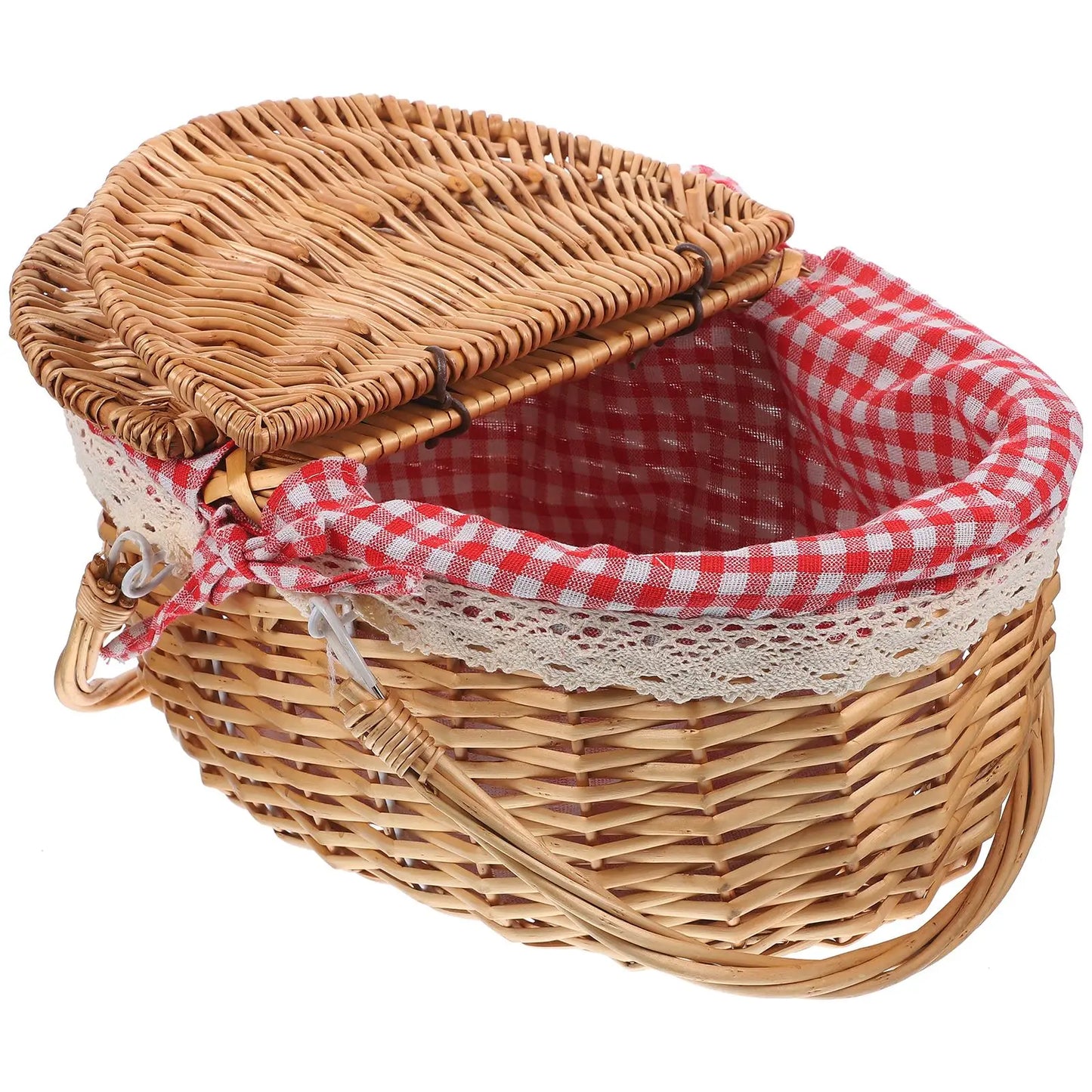 Vintage Wicker Picnic Basket with Lid – Traditional Hamper with Gingham Lining
