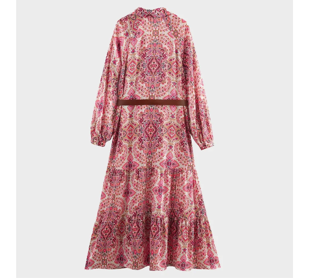 Maya Paisley Print Long Sleeve Maxi Shirt Dress – Chic Bohemian Day Dress