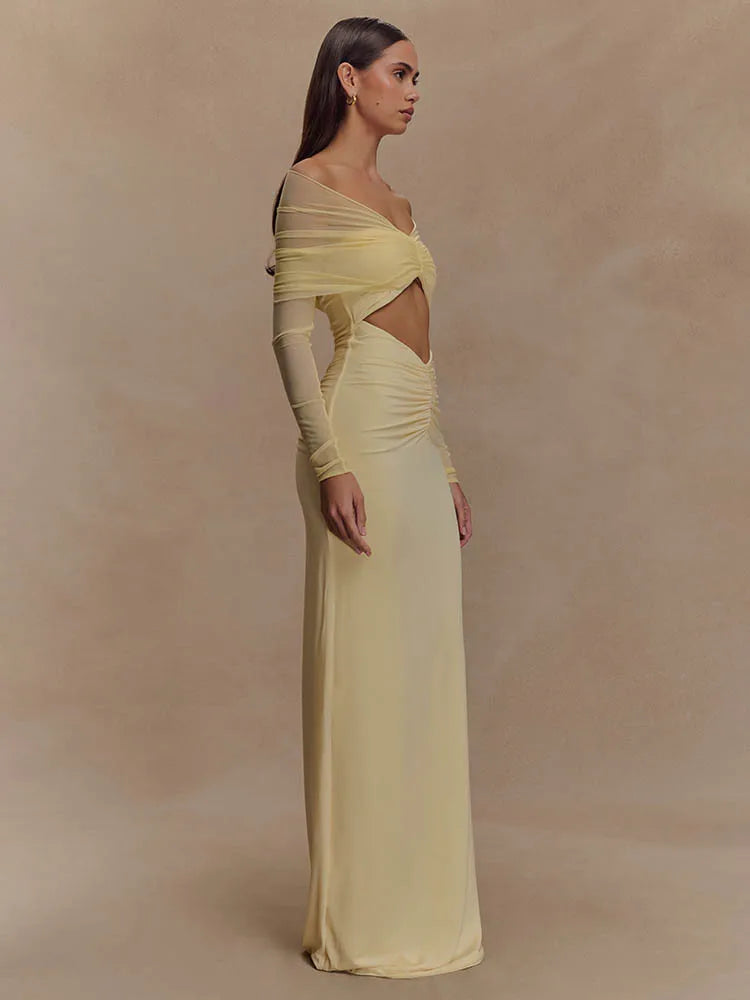 Avielle Off-Shoulder Mesh Bodycon Maxi Dress – Twist Front Ruched Cut-Out Gown for Weddings and Evening Occasions