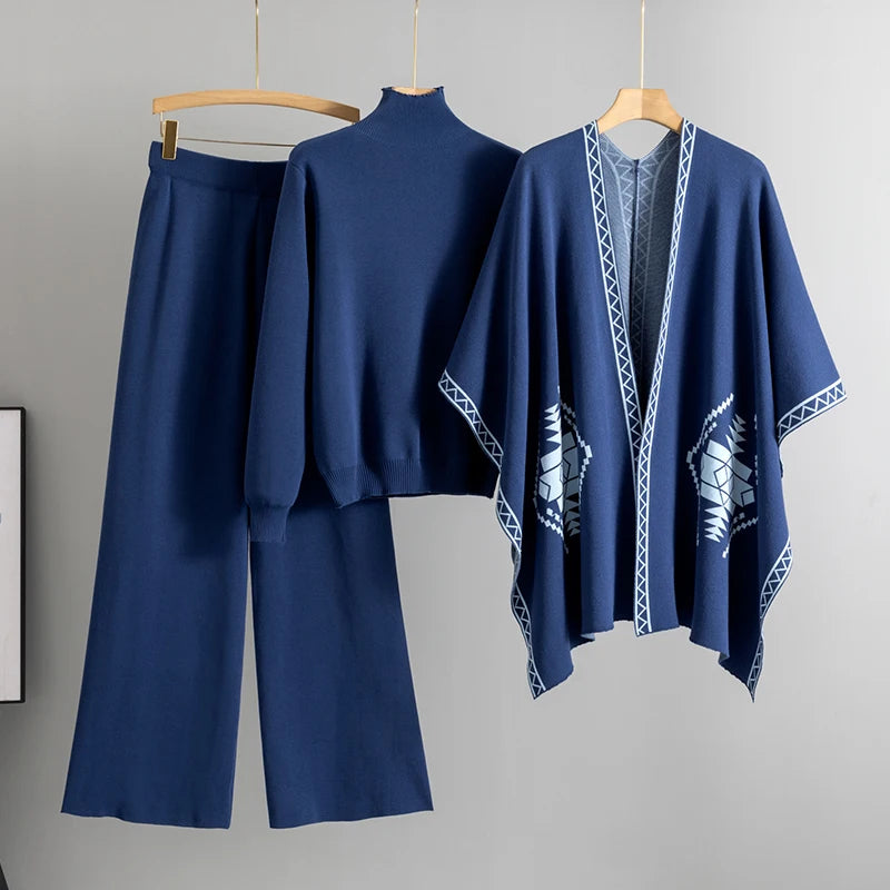 3-Piece Knit Co-ord Set with Mock-Neck Top and Cape – Available in Claret, Black, Brown, Blue, Tan & Beige