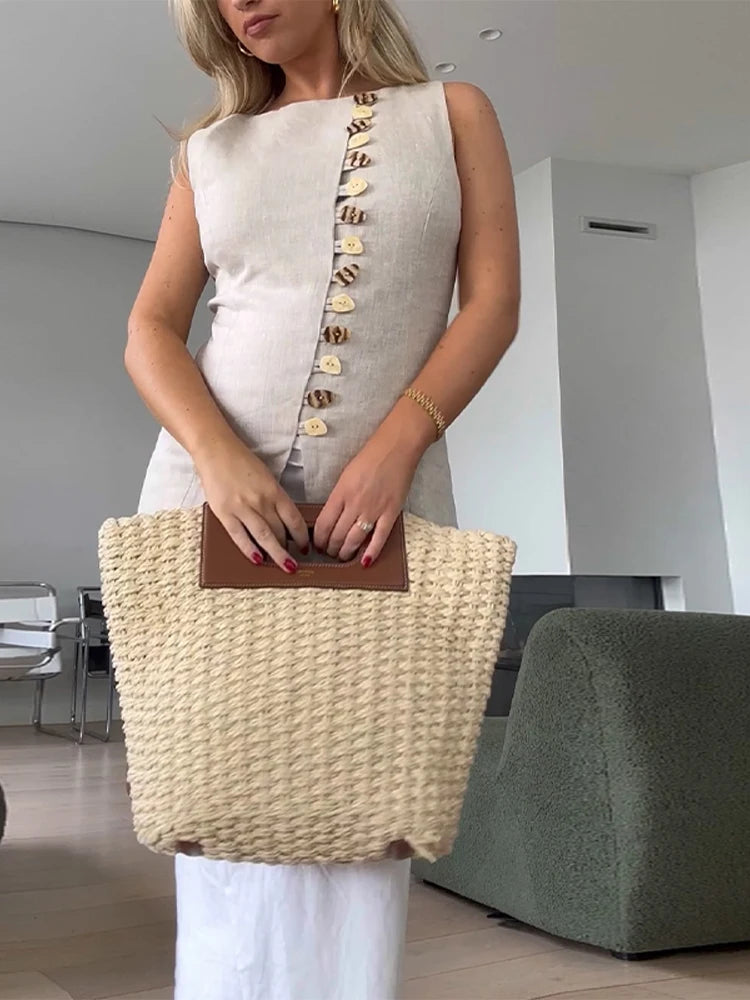 Maris Asymmetric Button Co-ord Set – Sleeveless Vest & Mini Skirt Two-Piece in Natural Beige