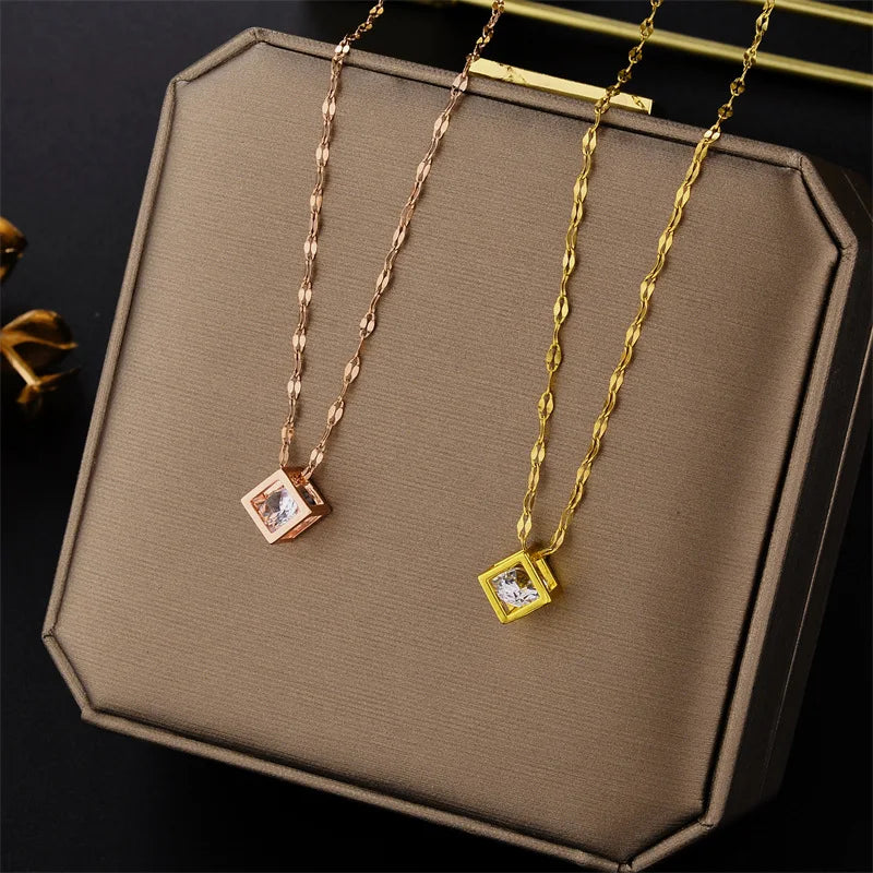 Gold Cube Pendant Necklace