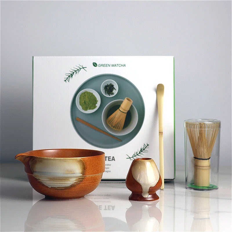 Premium Matcha Tea Set – 4 Piece Starter Kit with Bamboo Whisk, Ceramic Bowl, Scoop & Holder