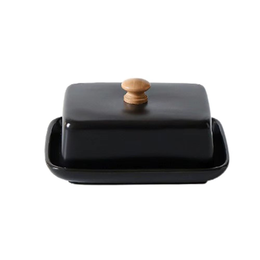 Black & White Ceramic Butter Dish with Wooden Handle – Rectangular Covered Butter Keeper for Kitchen & Dining