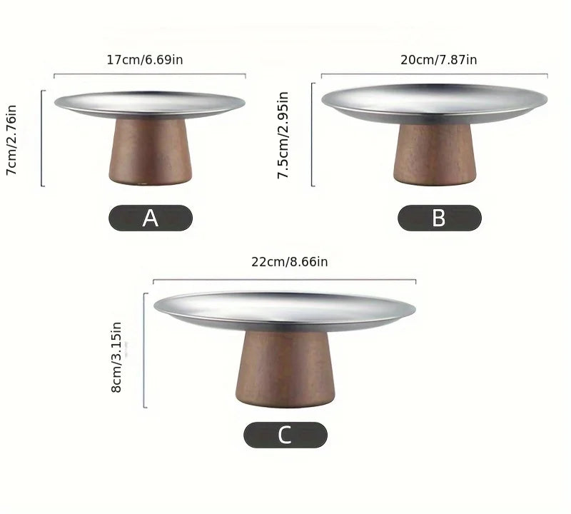 Stainless Steel Cake Stand with Wooden Base – Gold & Silver Display Riser for Dessert Tables, Weddings & Parties