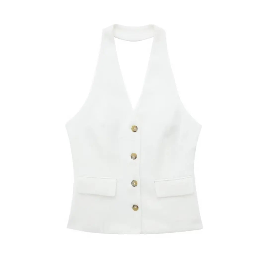 Rivana Tailored Waistcoat and Wide Leg Trouser Two Piece Set – White, Pink, Taupe and Black Sleeveless Suit Co-ord for Women