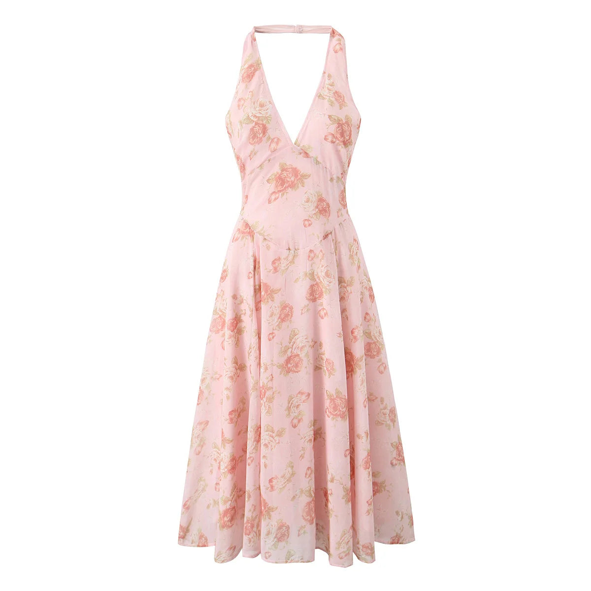 Elviera Pink Floral Halterneck Midi Dress – Plunge Neck Backless Summer Occasion Dress