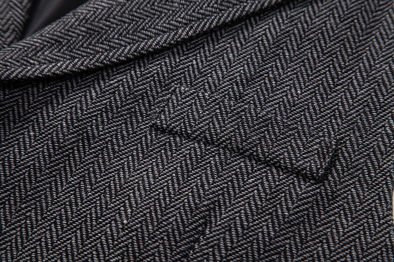 Men’s Tweed Waistcoat with Lapel and Chain – Herringbone Formal Vest in Grey, Brown, Blue