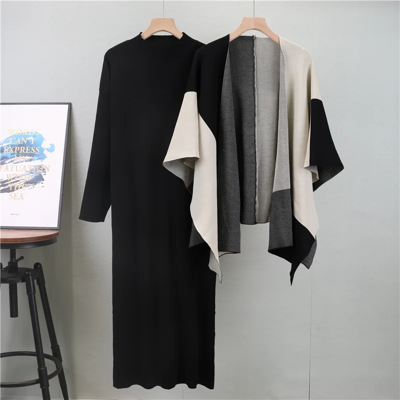 Women's Two-Piece Knit Midi Dress with Color-Block Cape, Available in Black, Beige & Camel