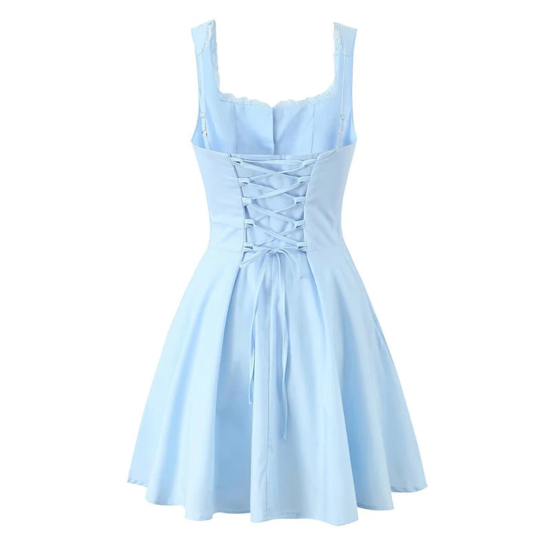 Sorvella Corset Skater Dress with Lace Trim – Baby Blue, White, Pale Yellow or Black Fit and Flare Mini Dress