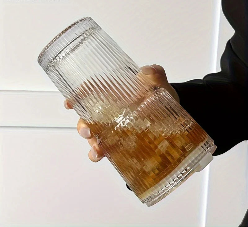 Ribbed Glass Tumbler with Straw & Lid – Large Iced Coffee Cup or for Cold Drinks