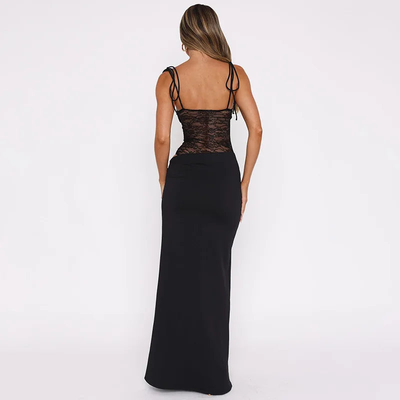 Soraya Tie-Strap Lace Bodysuit Maxi Dress – Black, Burgundy or Yellow Holiday & Occasion Dress