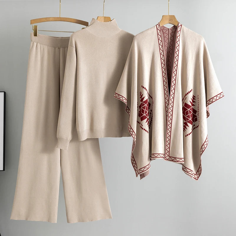 3-Piece Knit Co-ord Set with Mock-Neck Top and Cape – Available in Claret, Black, Brown, Blue, Tan & Beige
