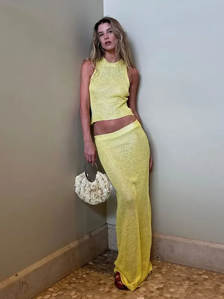 Kaelis Sleeveless Knit Co-Ord Set – High Neck Crop Top and Bodycon Maxi Skirt
