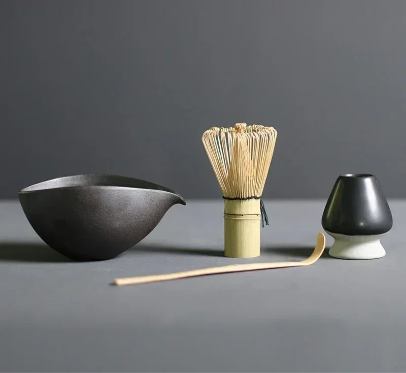 Matcha Tea Set with Bamboo Whisk, Bowl, Scoop & Holder – Traditional Japanese Ceremony Kit in Black, Brown, Dark Grey & Stone