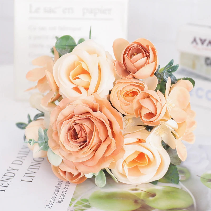 Blush Rose & Hydrangea Flower Bouquet – Pink Faux Floral Centrepiece for Home Decor