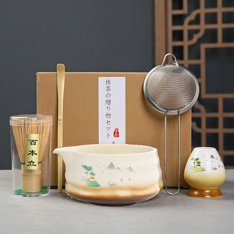 Japanese Matcha Tea Ceremony Set – 2/4/5 - Piece Matcha Tea Whisk, Bowl, Sifter & Bamboo Spoon Gift Box