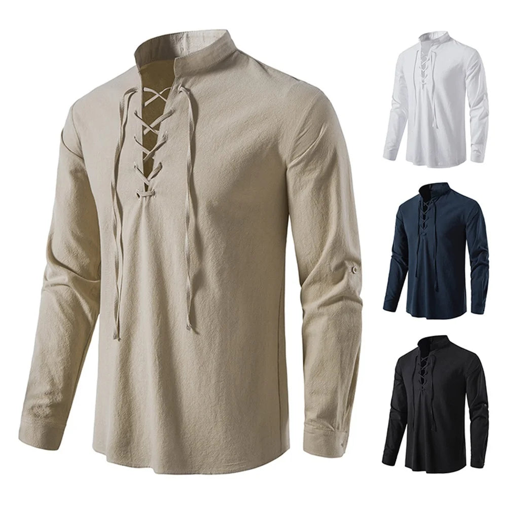 Linen V-Neck Lace-Up Shirt