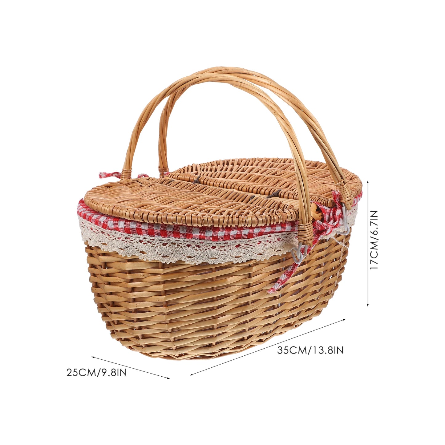 Vintage Wicker Picnic Basket with Lid – Traditional Hamper with Gingham Lining