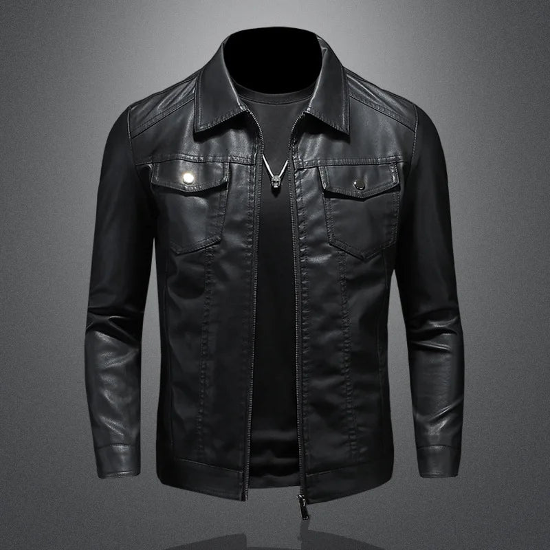 Classic Slim Fit Faux Leather Jacket With Zipper Closure