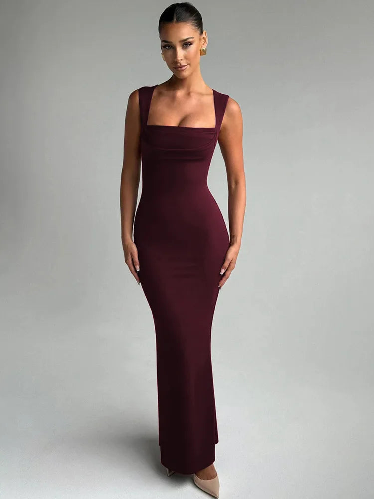 Marzelle Square Neck Bodycon Maxi Dress – Black or Claret Red Sculpting Evening Dress