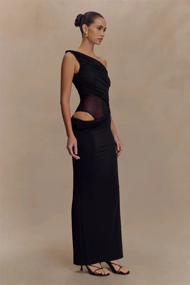 Marcelle One Shoulder Ruched Mesh Cut Out Maxi Dress – Black or Sage Green Summer Bodycon Gown