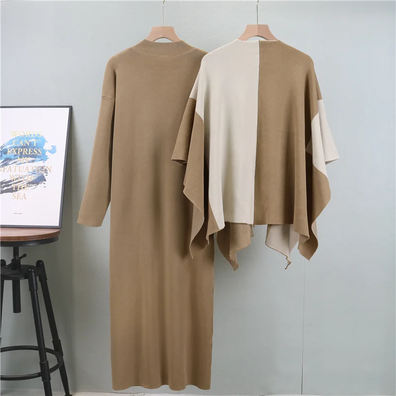 Women's Two-Piece Knit Midi Dress with Color-Block Cape, Available in Black, Beige & Camel