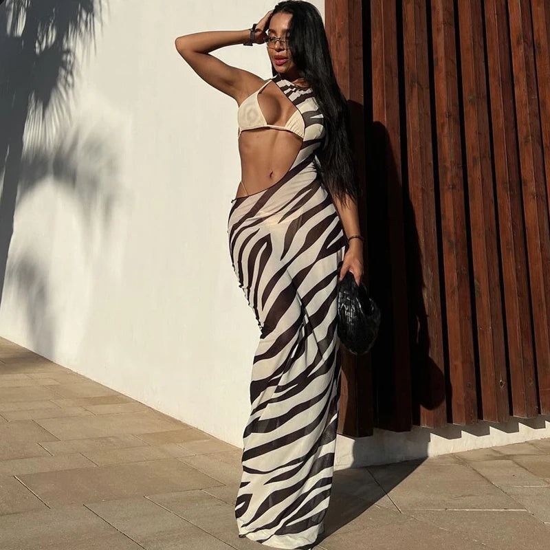 Zyana Zebra Print Mesh Cut Out Maxi Dress – Sleeveless Black and White Bodycon Beach Cover Up Dress for Summer Holiday & Clubwear