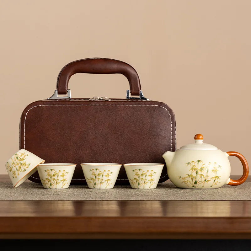 Bamboo Grove Ceramic Travel Tea Set – Teapot and 4 Teacups Portable Tea Set with Carry Case for Home, Gifting and Outdoor Use