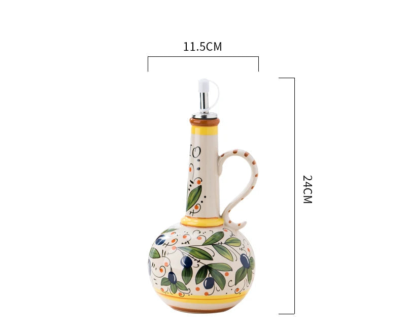 Hand-Painted Ceramic Olive Oil & Vinegar Bottle – Italian Style Cruet with Pourer for Kitchen & Dining
