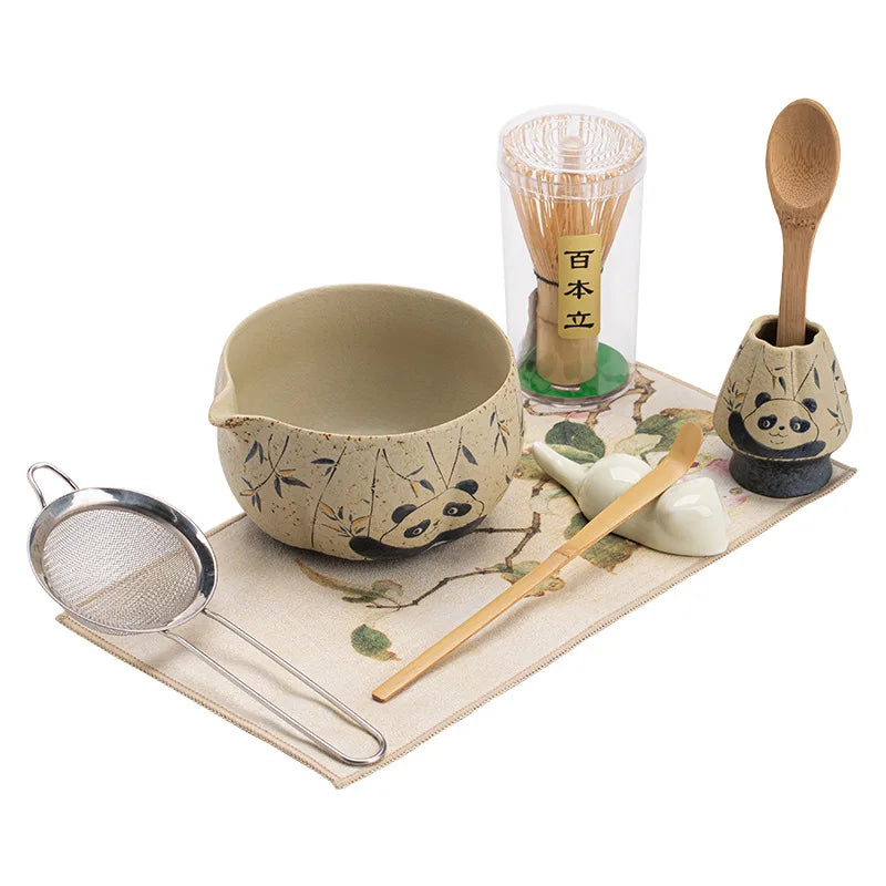 Bamboo Grove Ceramic Tea & Coffee Gift Set – 2, 4, & 8 - Piece Complete Home Tea Kit with Panda & Flower Design Bowl, Whisk and Scoop
