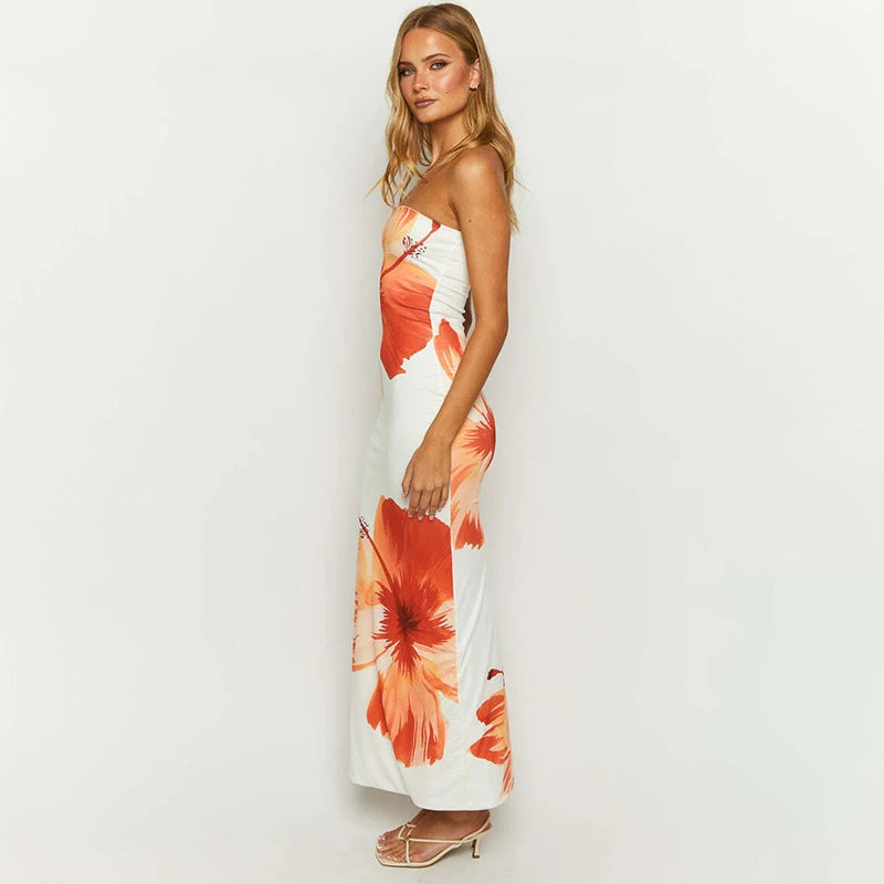 Solara Strapless Tropical Floral Print Maxi Dress – Orange & Ivory Summer Bandeau Dress