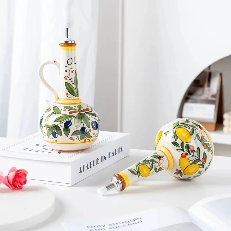 Hand-Painted Ceramic Olive Oil & Vinegar Bottle – Italian Style Cruet with Pourer for Kitchen & Dining