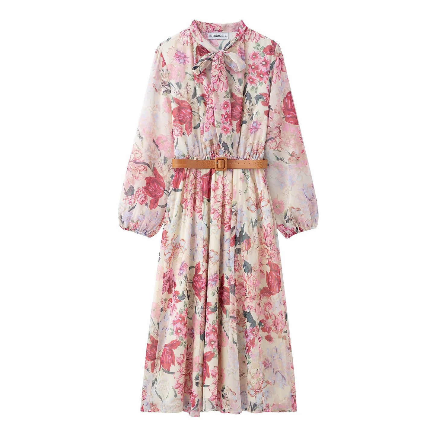 Marilina Floral Tie Neck Midi Dress with Long Sleeves and Belt – Pink Vintage-Inspired Summer Occasion