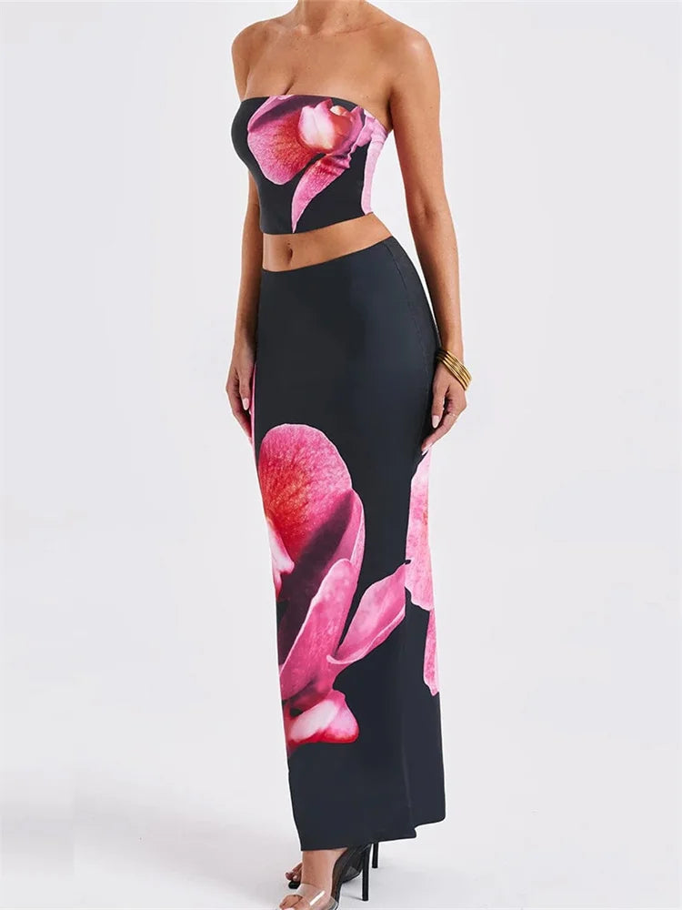 Solenne Two-Piece Floral Print Co-Ord – Strapless Bandeau Crop Top & Maxi Skirt Set in Pink Orchid Print