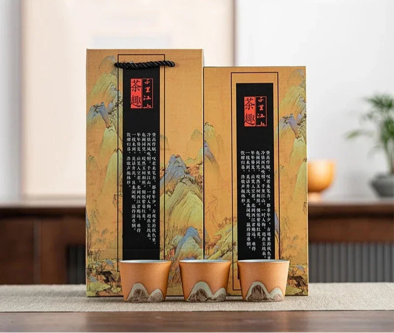 Mountain Landscape Ceramic Tea Cup Gift Set – 3-Piece Handmade Cups with Traditional Art Gift Box
