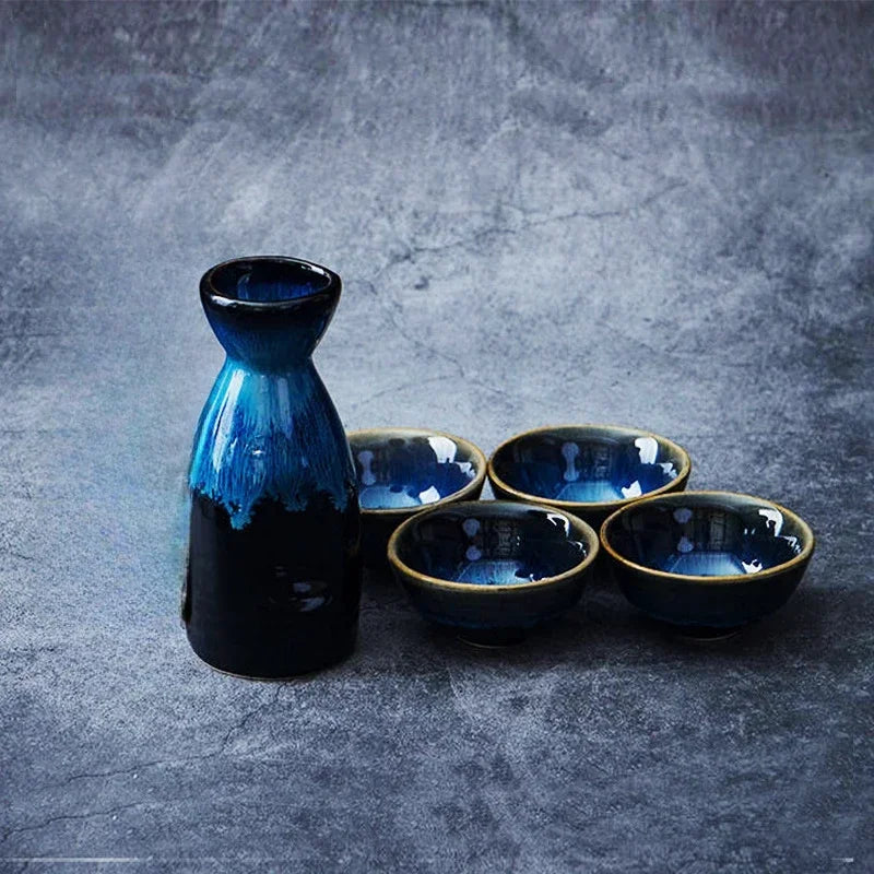 Aozora Japanese Sake Set – 5-Piece Deep Blue Ceramic Bottle & Cup Gift Set for Home Bar and Dining