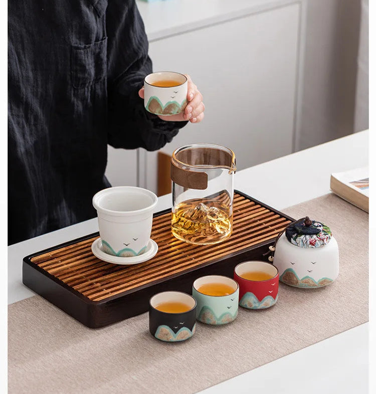 Hand-Painted Mountain Ceramic Tea Set with Tea Holder – 6-Piece Teapot & Four Cups Gift Box