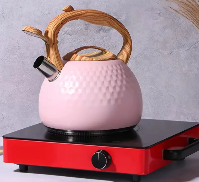Stainless Steel Whistling Kettle – 3L Teapot with Wood-Effect Handle for Gas, Electric & Induction Hob, Available In Black, Pink, White, Beige