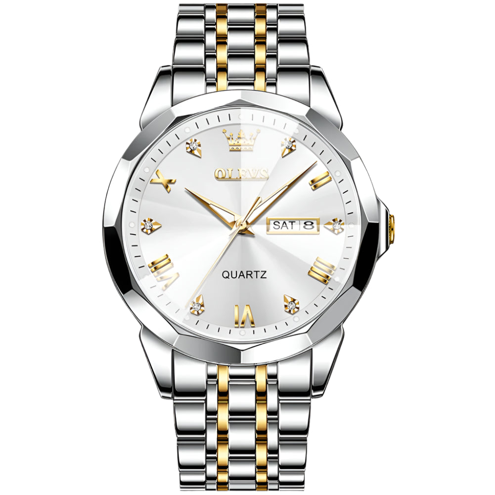 Luxury Diamond Accent Watch - Two Tone Stainless Steel With Day And Date Display