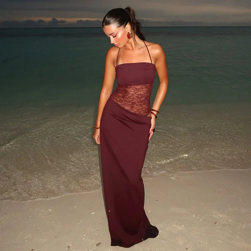 Soraya Tie-Strap Lace Bodysuit Maxi Dress – Black, Burgundy or Yellow Holiday & Occasion Dress