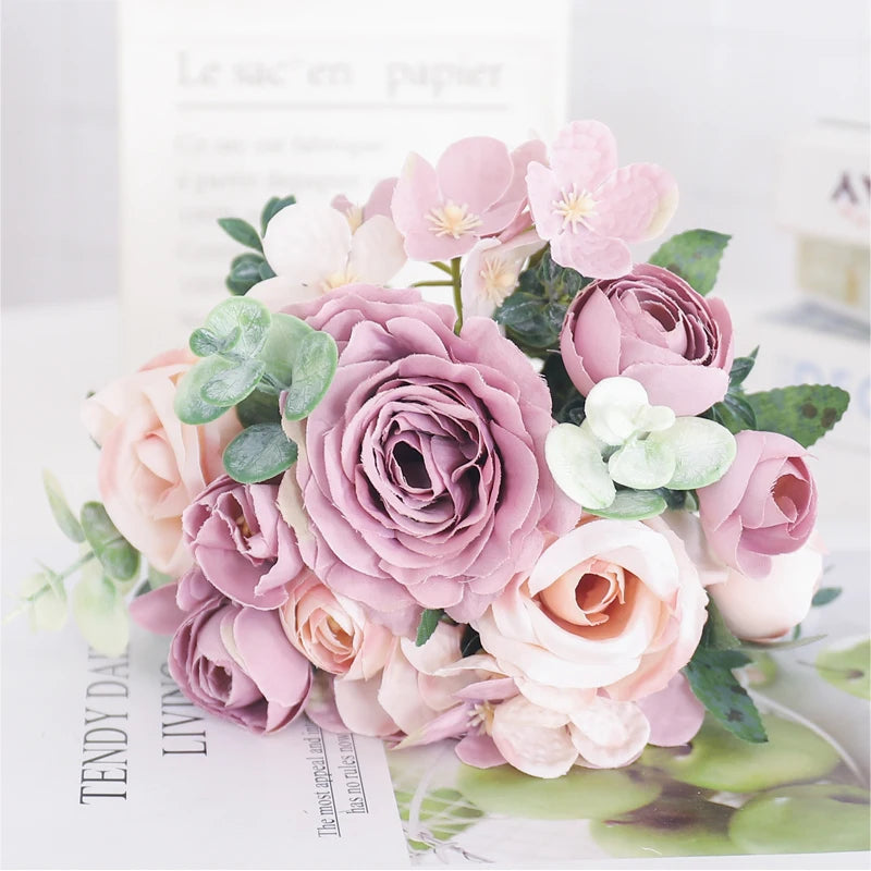 Blush Rose & Hydrangea Flower Bouquet – Pink Faux Floral Centrepiece for Home Decor